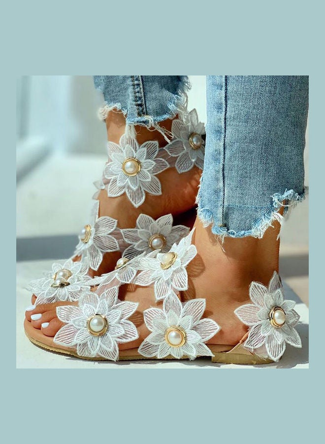 Women Fashion Lace Flowers Faux Pearls Summer Clip Toe Flat Sandals White/Beige  - Image 2
