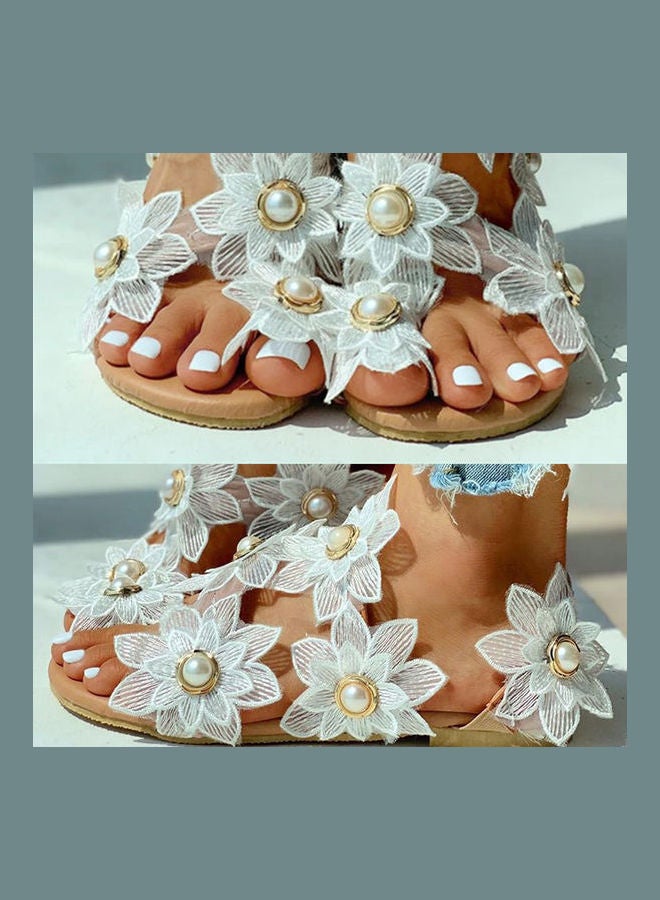 Generic Women Fashion Lace Flowers Faux Pearls Summer Clip Toe Flat Sandals White/Beige  - Image 5