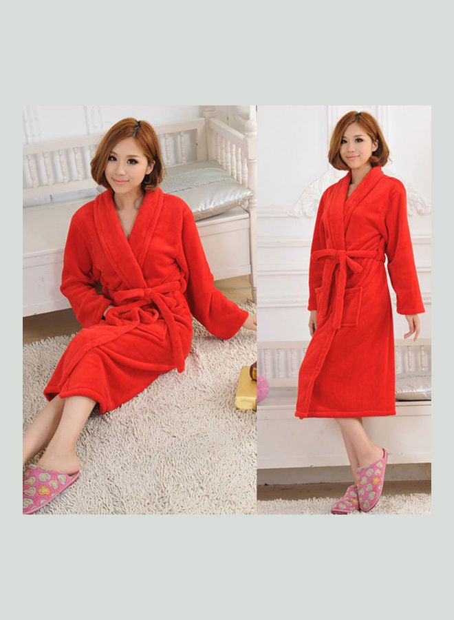 Women Winter Waist Belt Thick Coral Fleece Robe Sleepwear Red