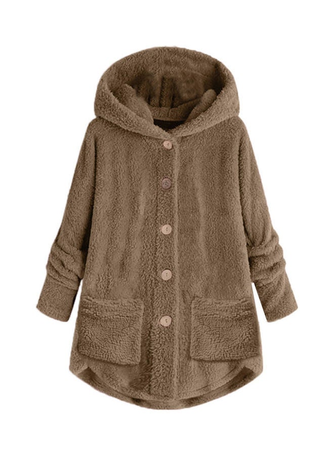 Warm Plush Button Hooded Coat Brown