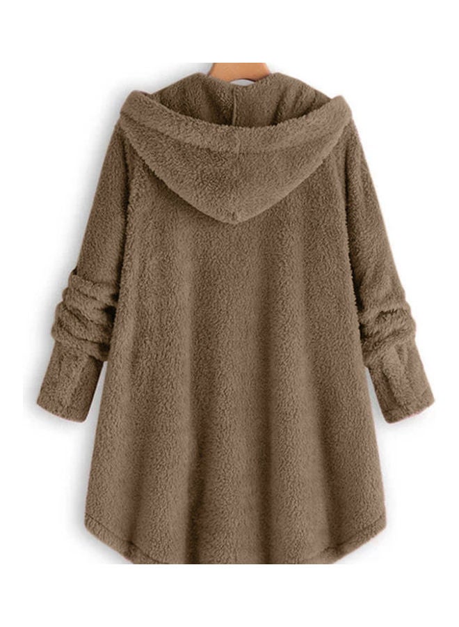 Warm Plush Button Hooded Coat Brown
