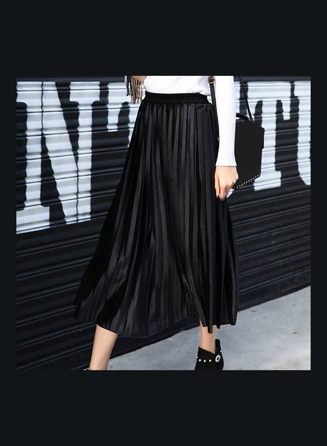 Generic - Velvet High Waist Pleated A-line Skirt Black - Image 1