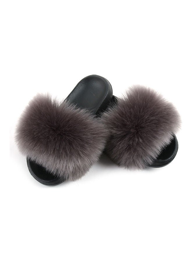 Stylish Women Faux Fur Open Toe Flat Slippers Grey/Black