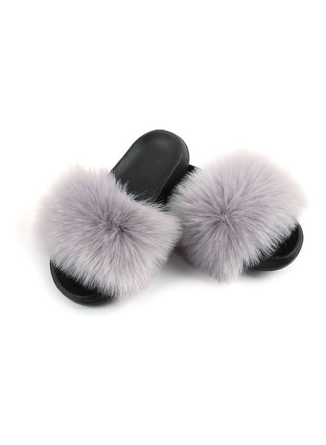 Stylish Women Faux Fur Open Toe Flat Slippers Grey/Black