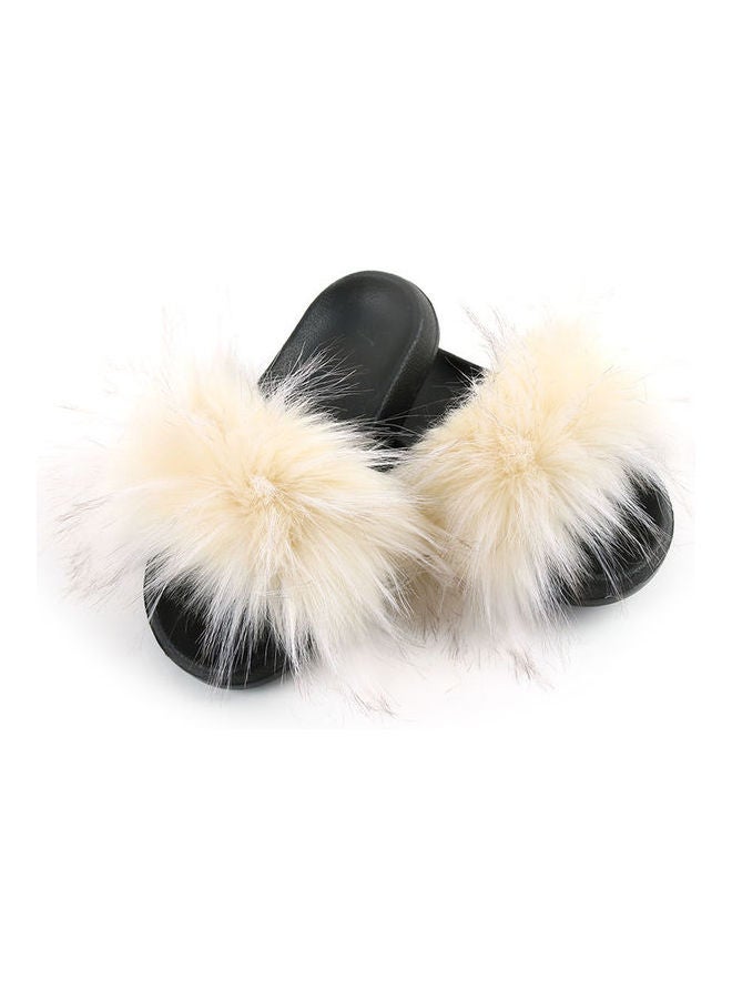 Fashion Women Long Faux Raccoon Fur Anti-slip EVA Slippers Beige/Black 
