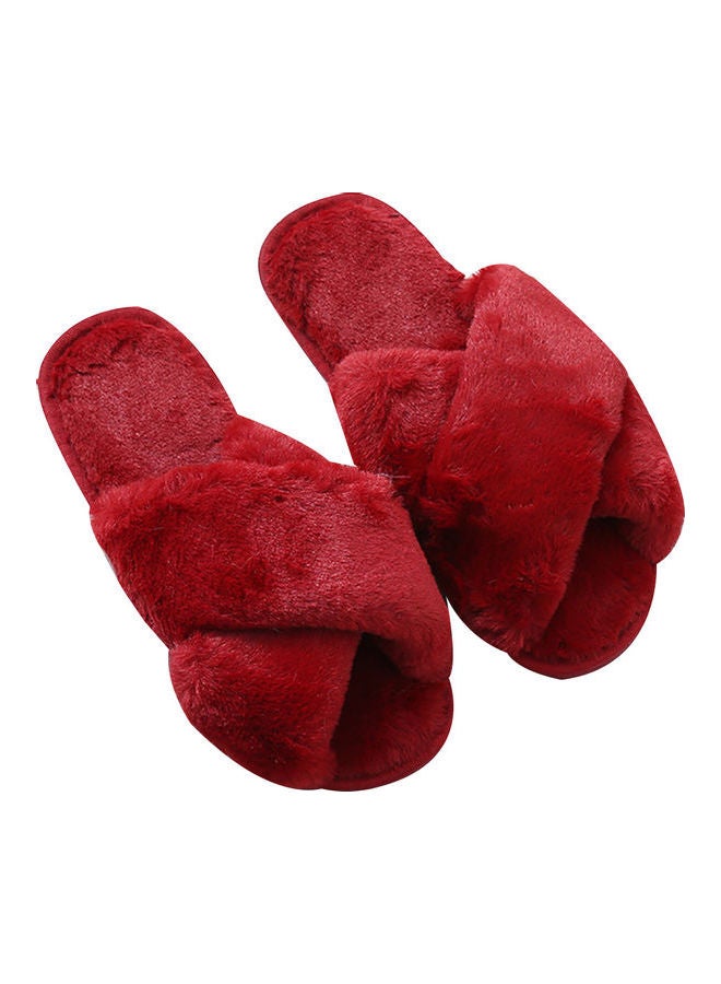 Open Toe Cross Band Flat Slippers Wine Red