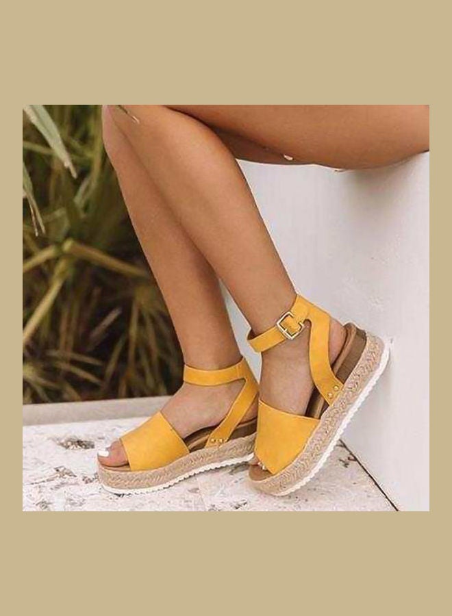 Women Fish Mouth Shape Open Toe Thick Heel Wedge Sandals Yellow - Image 2