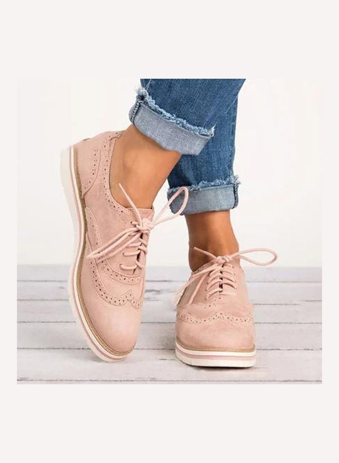 Women Anti-Skid Lace-Up Wingtip Brogue Hollow Shoes Pink  - Image 2