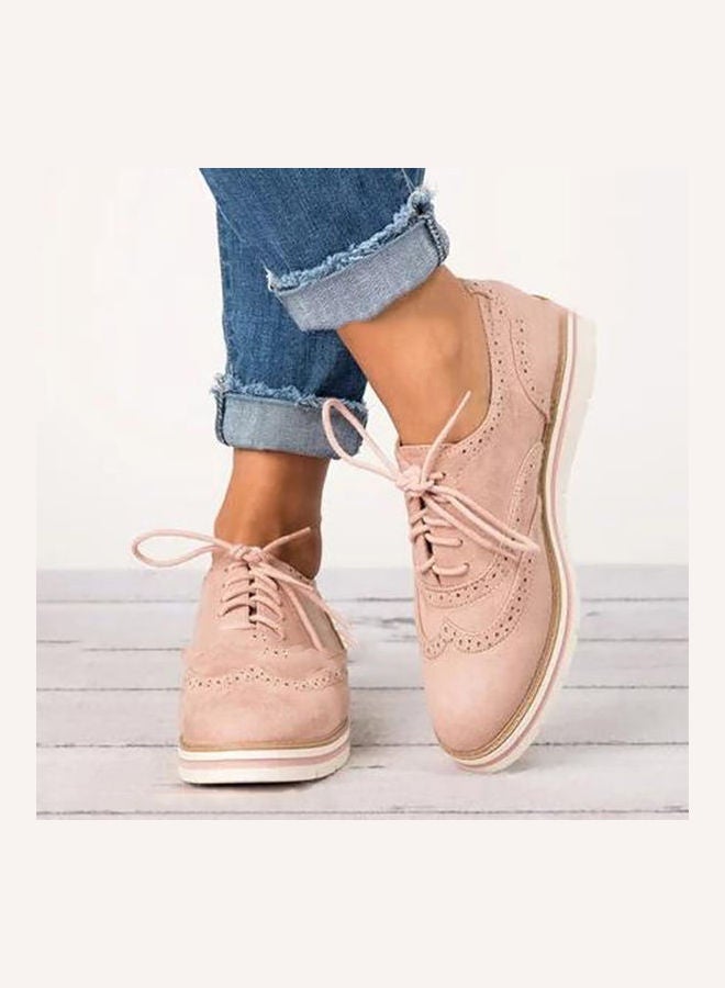 Women Anti-Skid Lace-Up Wingtip Brogue Hollow Shoes Pink  - Image 3