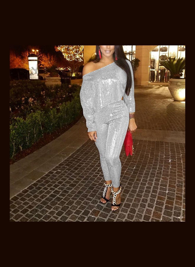 2-Piece Women Glitter Long Sleeve Shirt Pants Bodycon Clubwear Silver  - Image 2