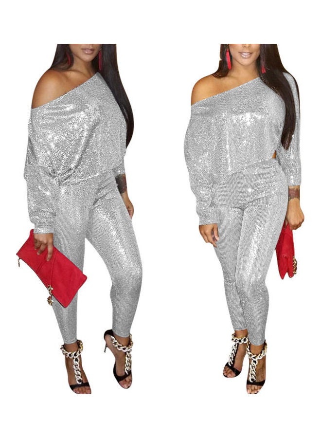 2-Piece Women Glitter Long Sleeve Shirt Pants Bodycon Clubwear Silver  - Image 1