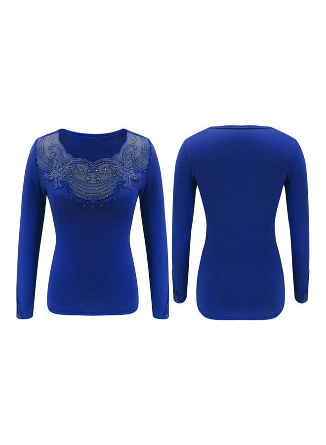 Women Long Sleeve O Neck Waist Tight Slim Top Blue