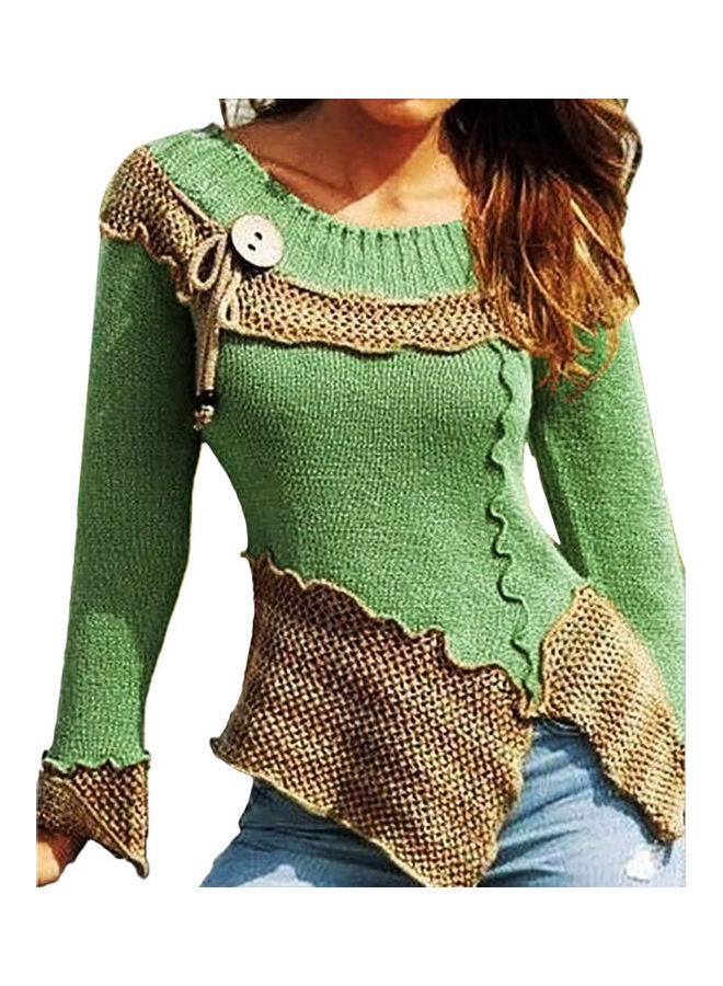 Chic Women Block Lacework Side Slit Sweater Green