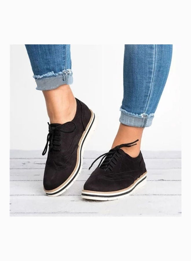 Women Anti-Skid Lace-Up Wingtip Brogue Hollow Shoes Black  - Image 2