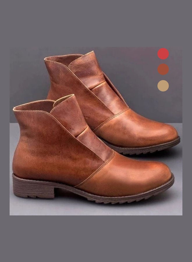 Generic - Casual Autumn Winter Faux Leather Slip-On Ankle Boots Brown - Image 1