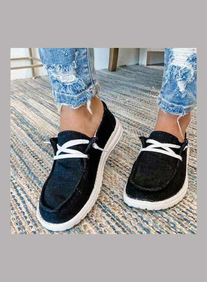 Women Lace-Up Breathable Non-Slip Flat Loafers Black  - Image 2