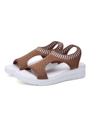 Open Toe Low Wedge Knitted Sandals Brown
