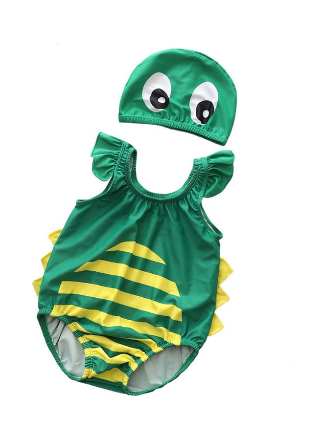 Generic One-Piece Cartoon Quick Dry Swimsuit with Cap Green/Yellow 