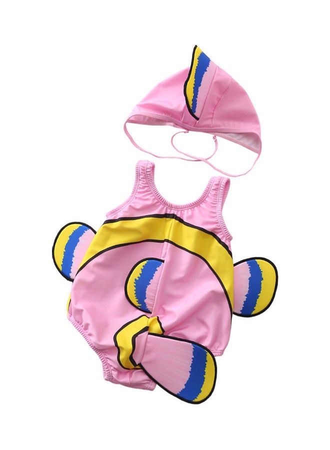 Generic One-Piece Cartoon Clown Fish Quick Dry Swimsuit with Cap Multicolour  - Image 2