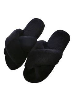 Faux Fur Open Toe Cross Band Flat Slippers Black