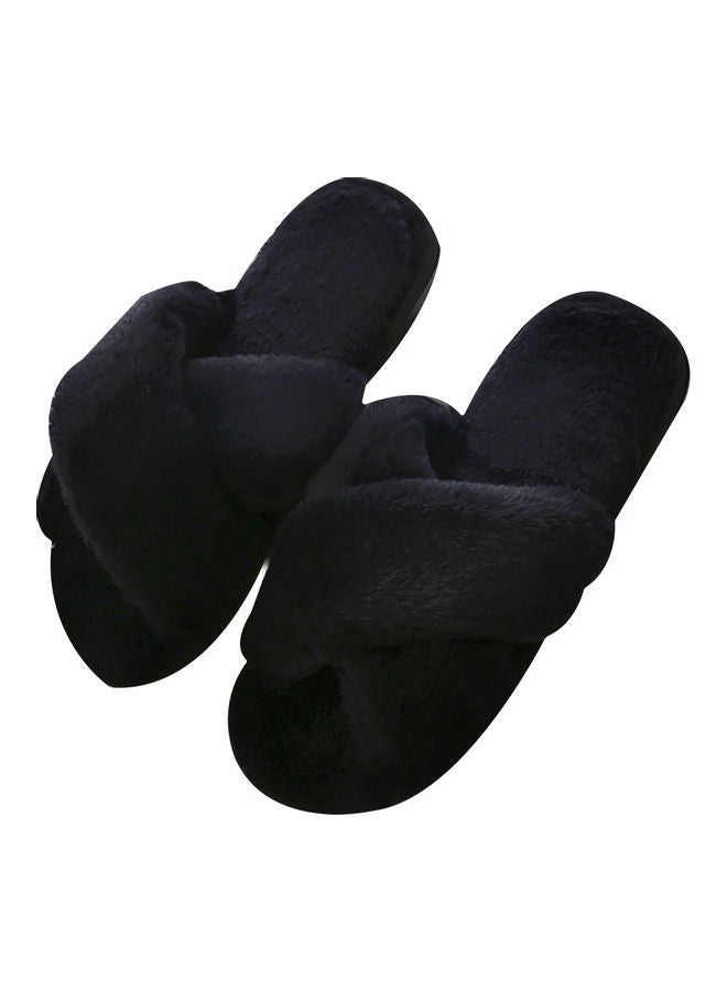 Generic - Faux Fur Open Toe Cross Band Flat Slippers Black - Image 1