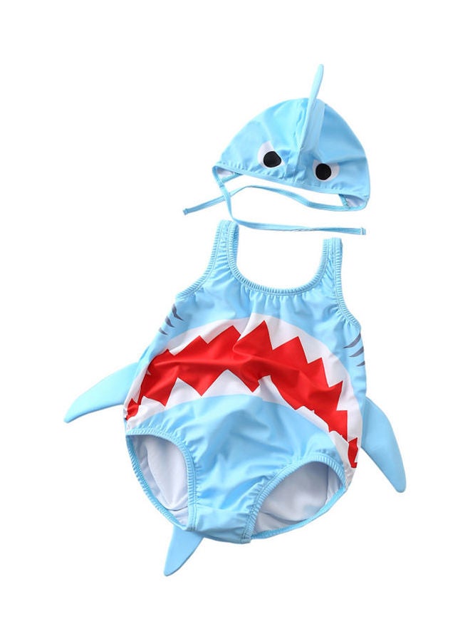 Generic One-Piece Cartoon Shark Quick Dry Swimsuit with Cap Blue/Red  - Image 1