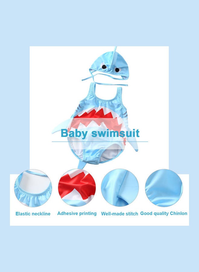 Generic One-Piece Cartoon Shark Quick Dry Swimsuit with Cap Blue/Red  - Image 2