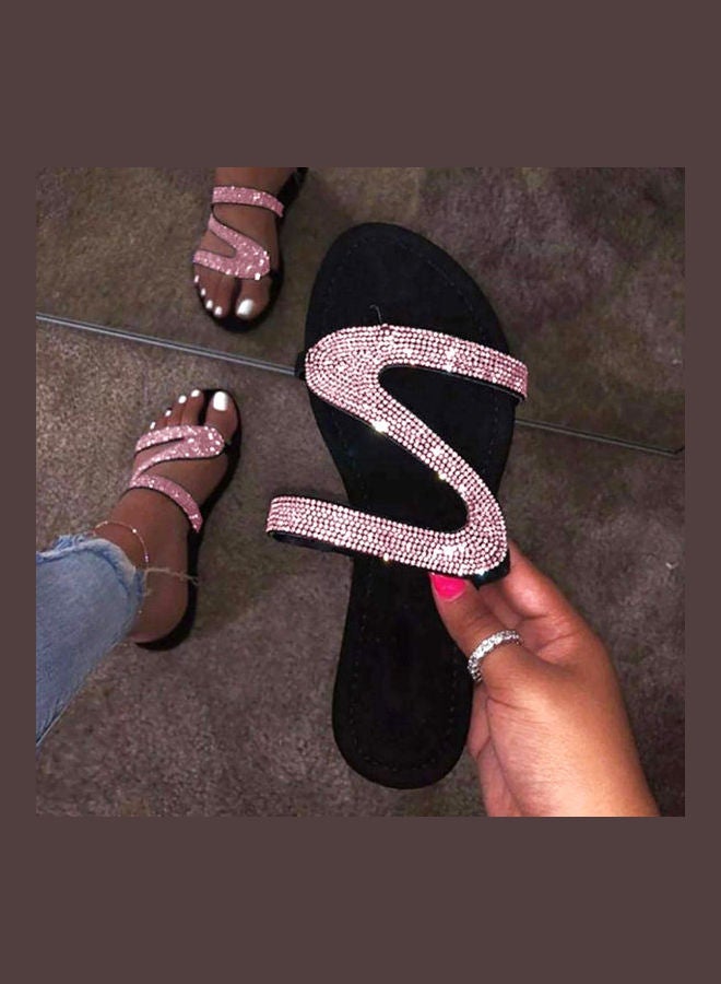Women Fashion Rhinestone Inlaid Anti-Slip Slippers Pink/Black 