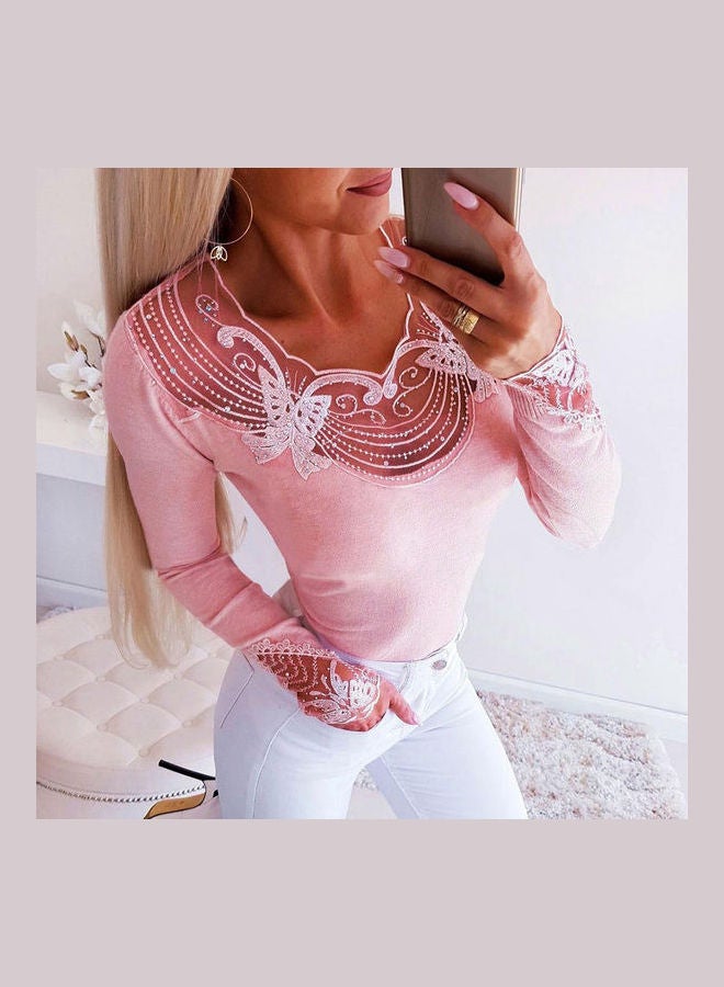 Women Long Sleeve O Neck Waist Tight Slim Top Pink - Image 3