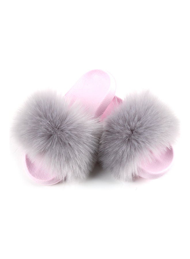 Stylish Women Faux Fur Open Toe Flat Slippers Grey/Pink