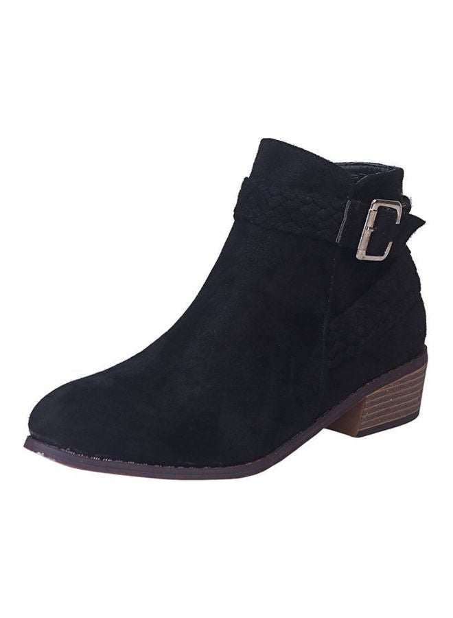 Women Braided Strap Buckle Boots Shoes Black 