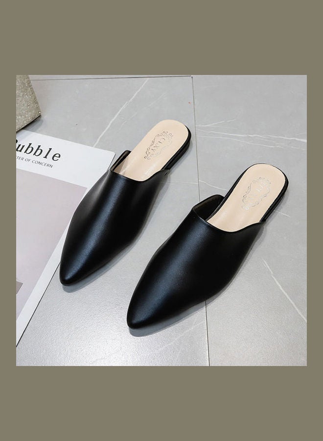 Closed Pointed Faux Leather Mules Shoes Black  - Image 3
