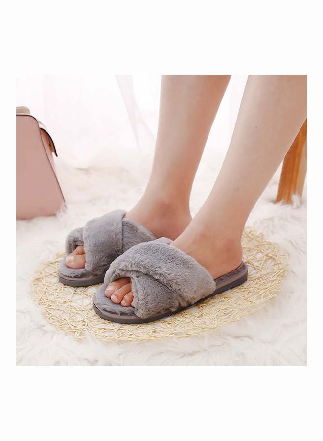 Faux Fur Open Toe Flat Slippers Grey - Image 2