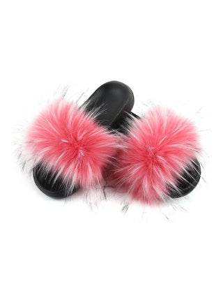 Women Long Faux Raccoon Fur EVA Sandals Watermelon Red/Black - v1622751228/N46816635V_1