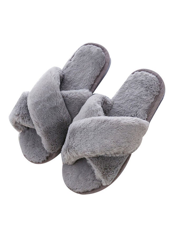Faux Fur Open Toe Flat Slippers Grey - Image 1
