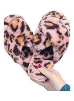Generic Women Leopard Cross Band Soft Plush Fluffy Warm Bedroom Slippers Pink/Black/Brown  - Image 1