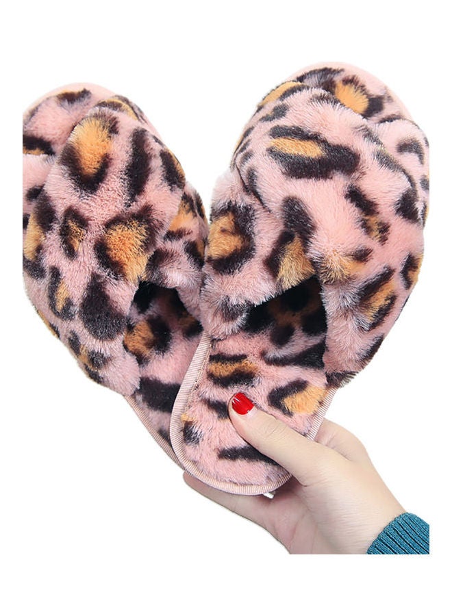 Women Leopard Cross Band Soft Plush Fluffy Warm Bedroom Slippers Pink/Black/Brown - Image 2