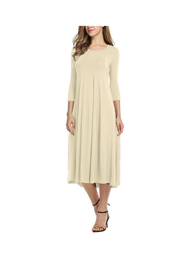 Women O Neck 3/4 Sleeve Waist Tight Midi Dress Beige - Image 1