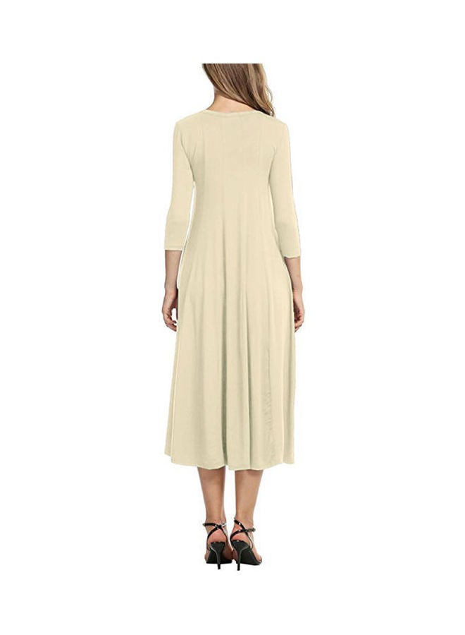 Women O Neck 3/4 Sleeve Waist Tight Midi Dress Beige - Image 2