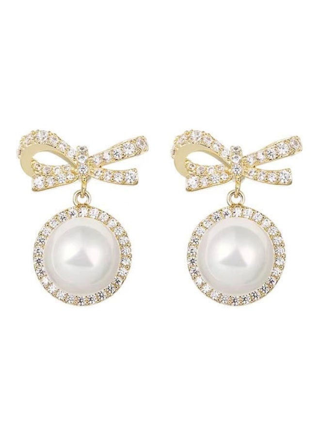 J.J Hand made 925 Sterling Silver Inlaid Rhinestone Bow Pearl Earrings - Image 1