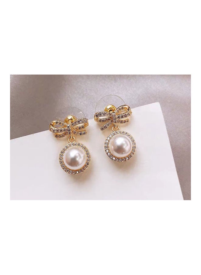 J.J Hand made 925 Sterling Silver Inlaid Rhinestone Bow Pearl Earrings - Image 2