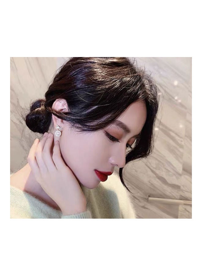 J.J Hand made 925 Sterling Silver Inlaid Rhinestone Bow Pearl Earrings - Image 4