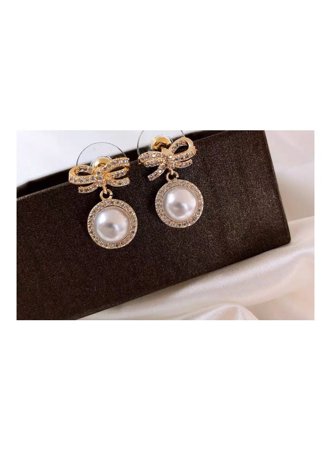 J.J Hand made 925 Sterling Silver Inlaid Rhinestone Bow Pearl Earrings - Image 3