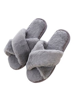 Generic Faux Fur Open Toe Flat Slippers Grey  - Image 1