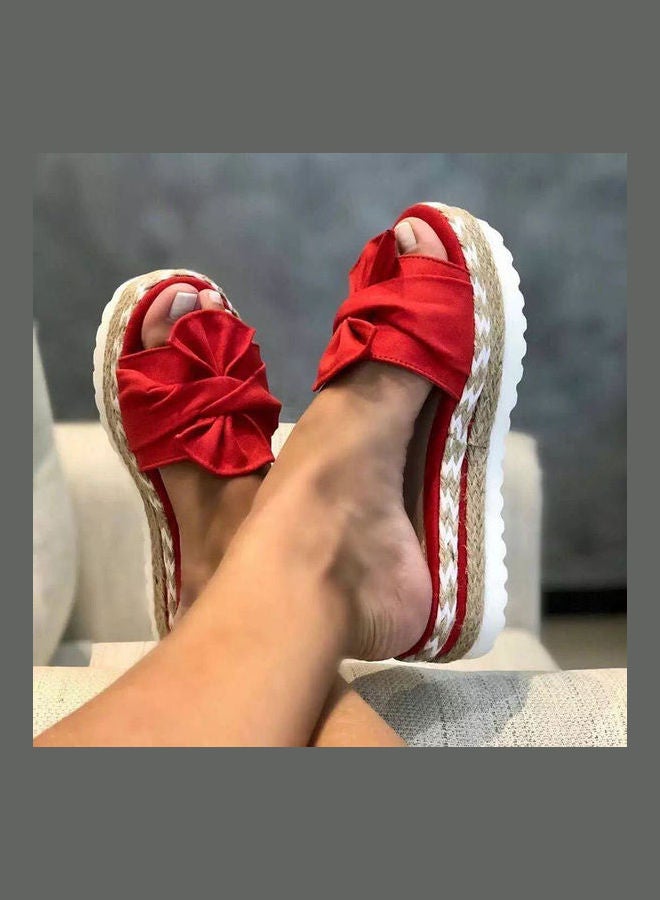 صندل صيفي عصري للنساء مضاد للانزلاق ومزين بعقدة فيونكة أحمر / بيج - Image 2