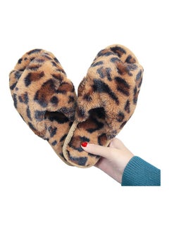 Generic Women Leopard Cross Band Soft Plush Fluffy Warm Bedroom Slippers Brown/Black  - Image 1
