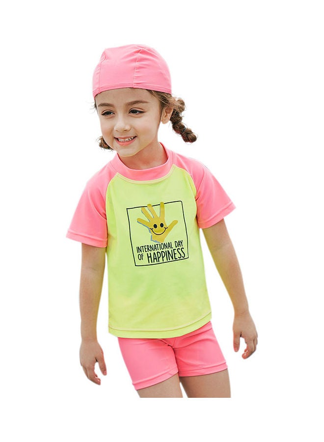 Generic 2-Piece Quick Dry Swimsuit with Cap for Kids Pink/Green  - Image 1