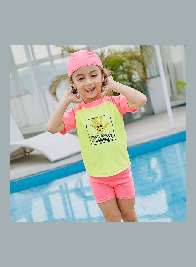 Generic 2-Piece Quick Dry Swimsuit with Cap for Kids Pink/Green  - Image 2