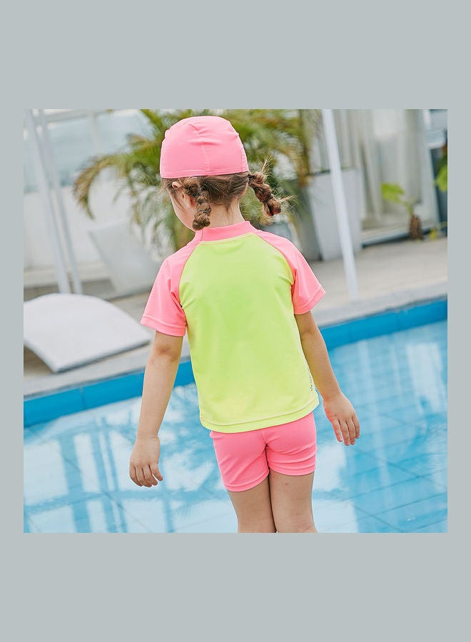 Generic 2-Piece Quick Dry Swimsuit with Cap for Kids Pink/Green  - Image 4