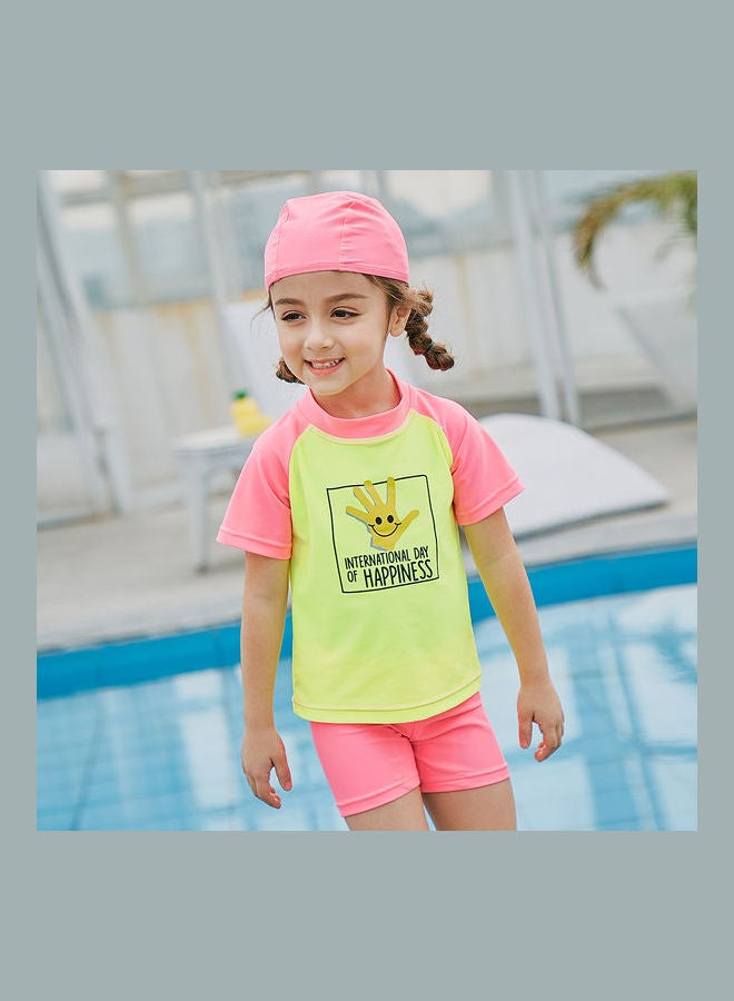 Generic 2-Piece Quick Dry Swimsuit with Cap for Kids Pink/Green  - Image 5